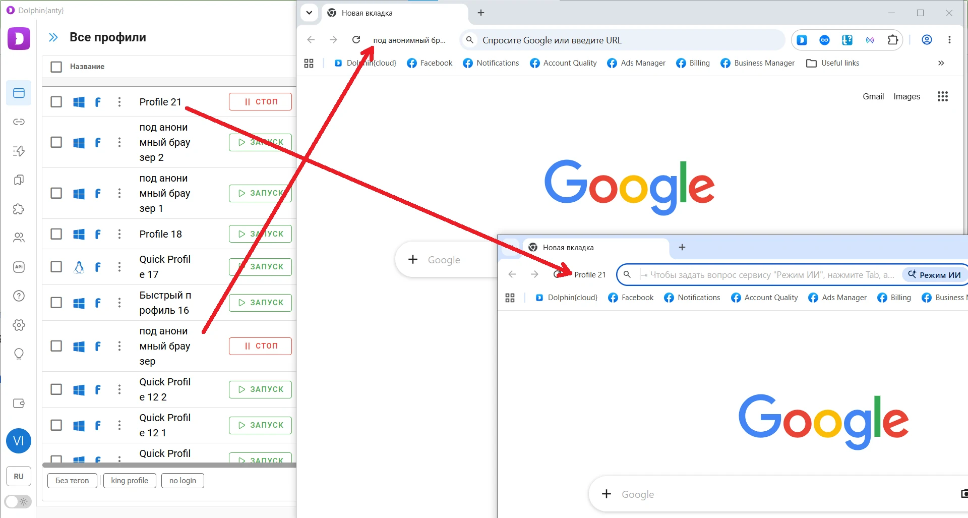Two active browser profiles running in Dolphin Anty