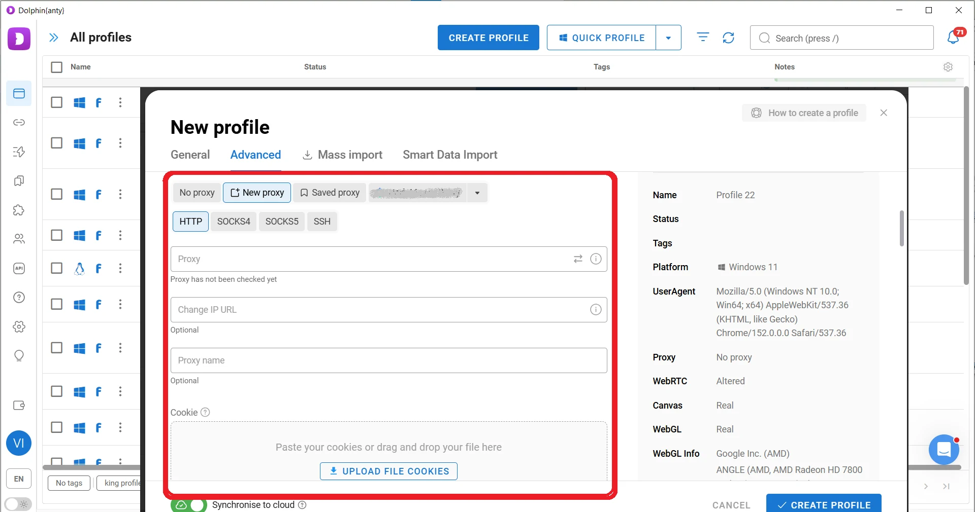 Creating a new browser profile in Dolphin Anty