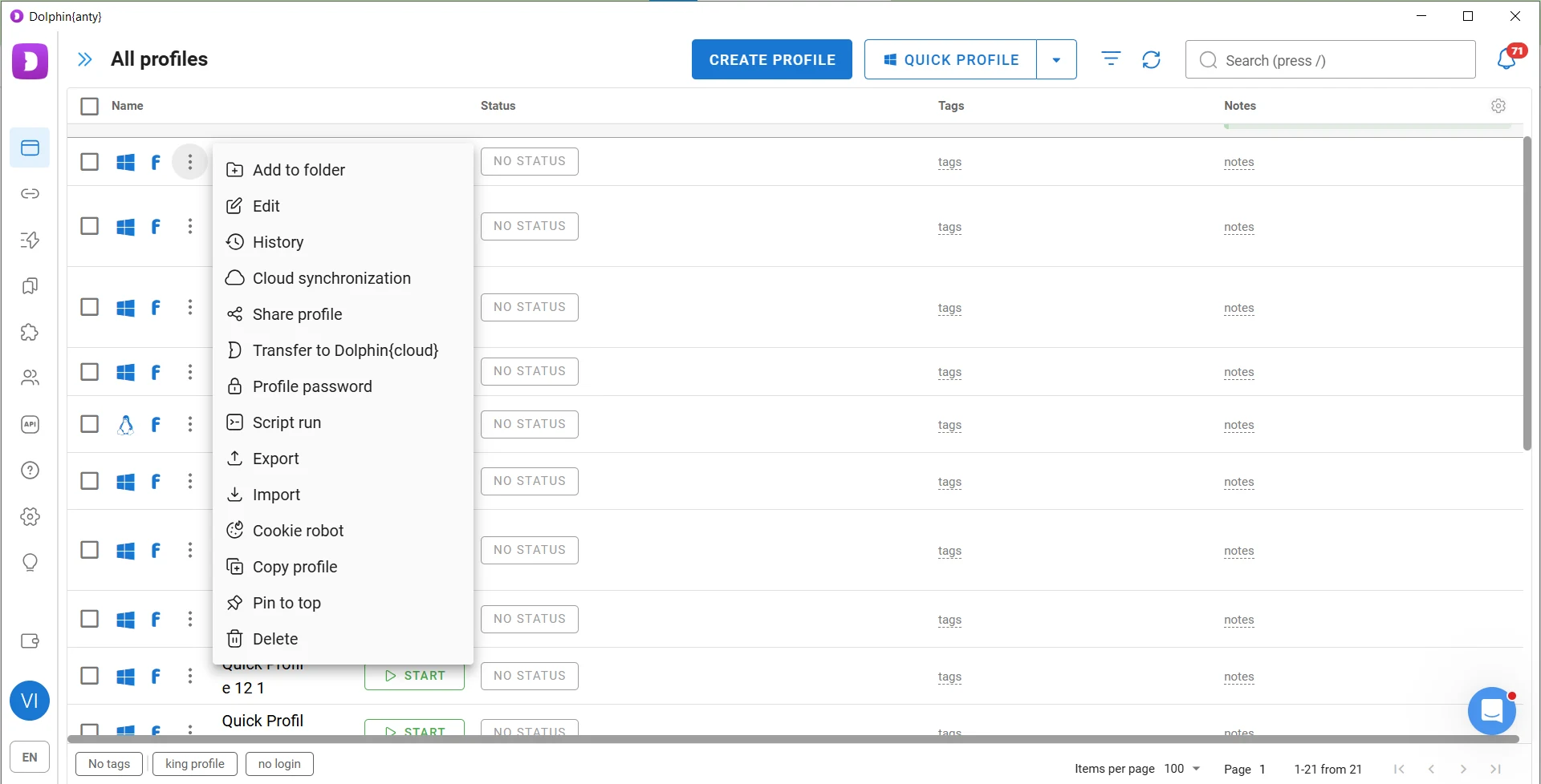 Browser profile actions menu in Dolphin Anty