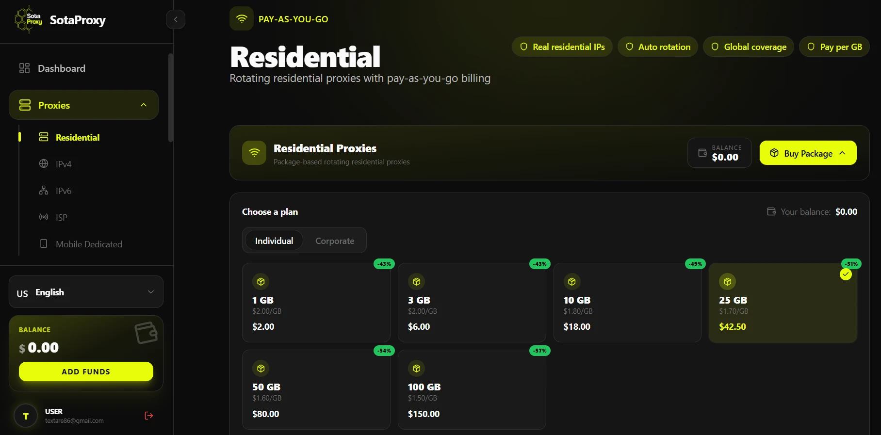 Buying residential proxies in the SotaProxy dashboard