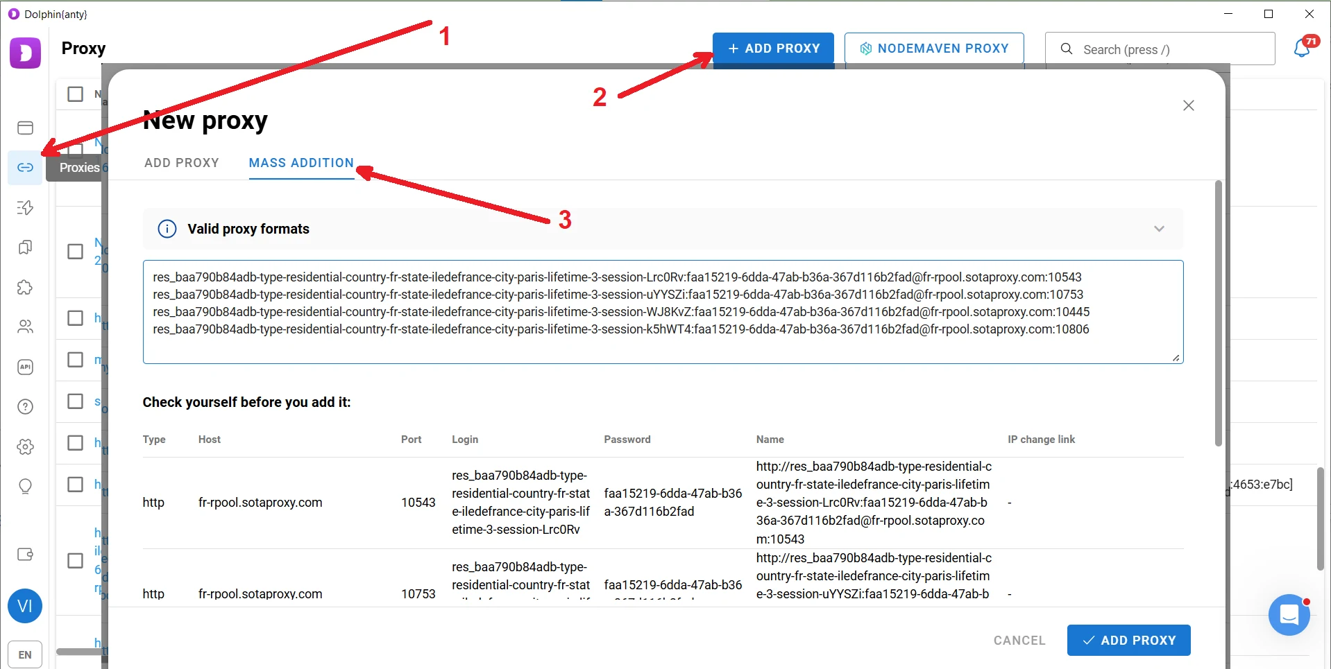 Adding proxies in bulk in the Dolphin Anty Proxies section