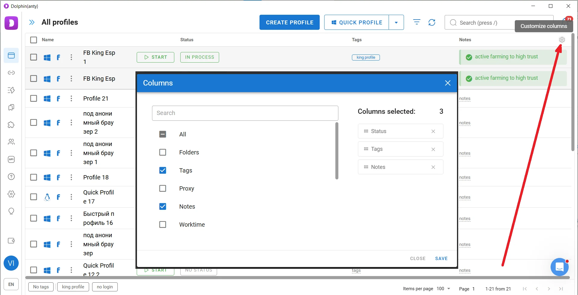 Customize Columns window in Dolphin Anty