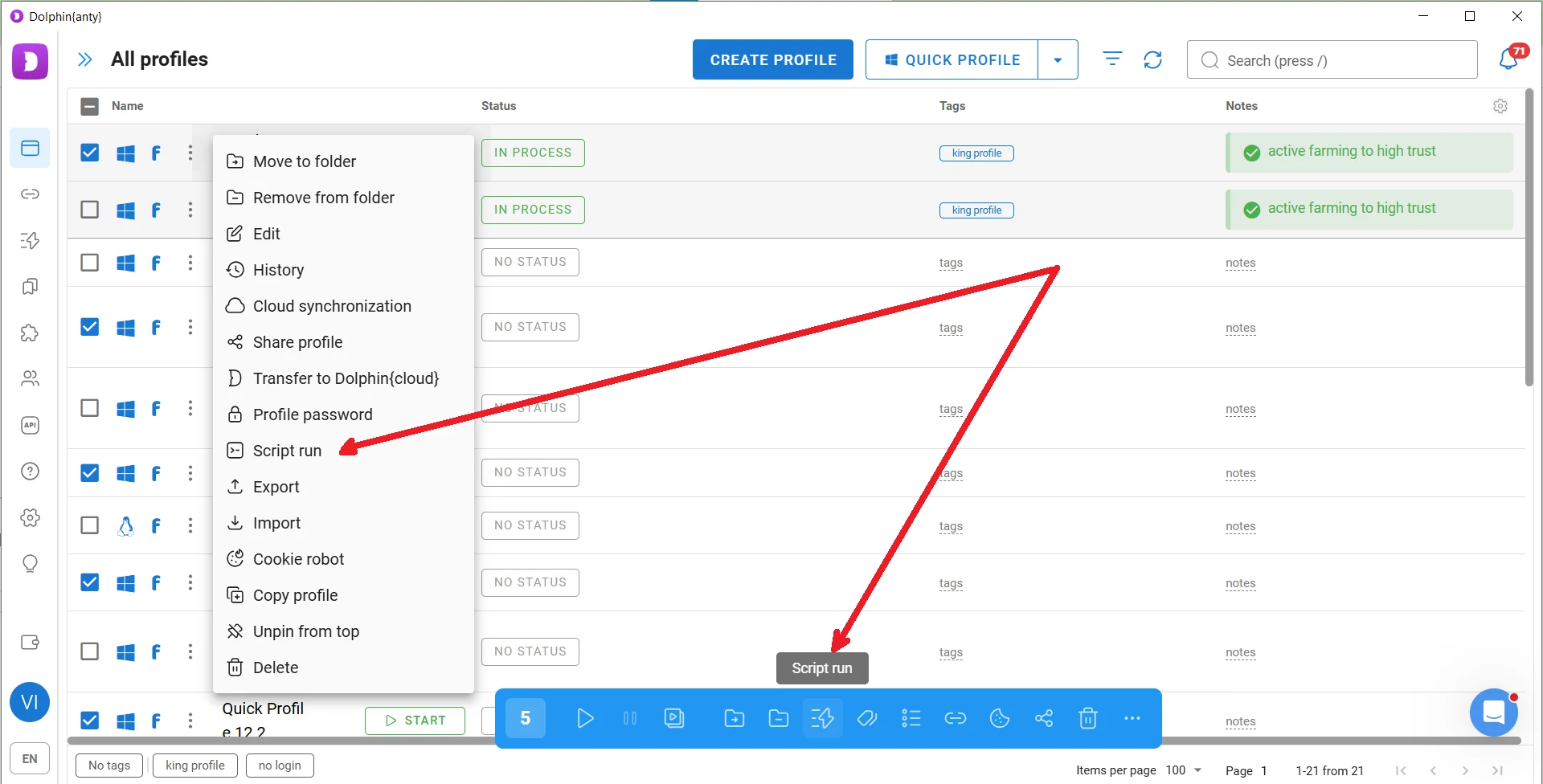 Running a script in multiple browser profiles in Dolphin Anty