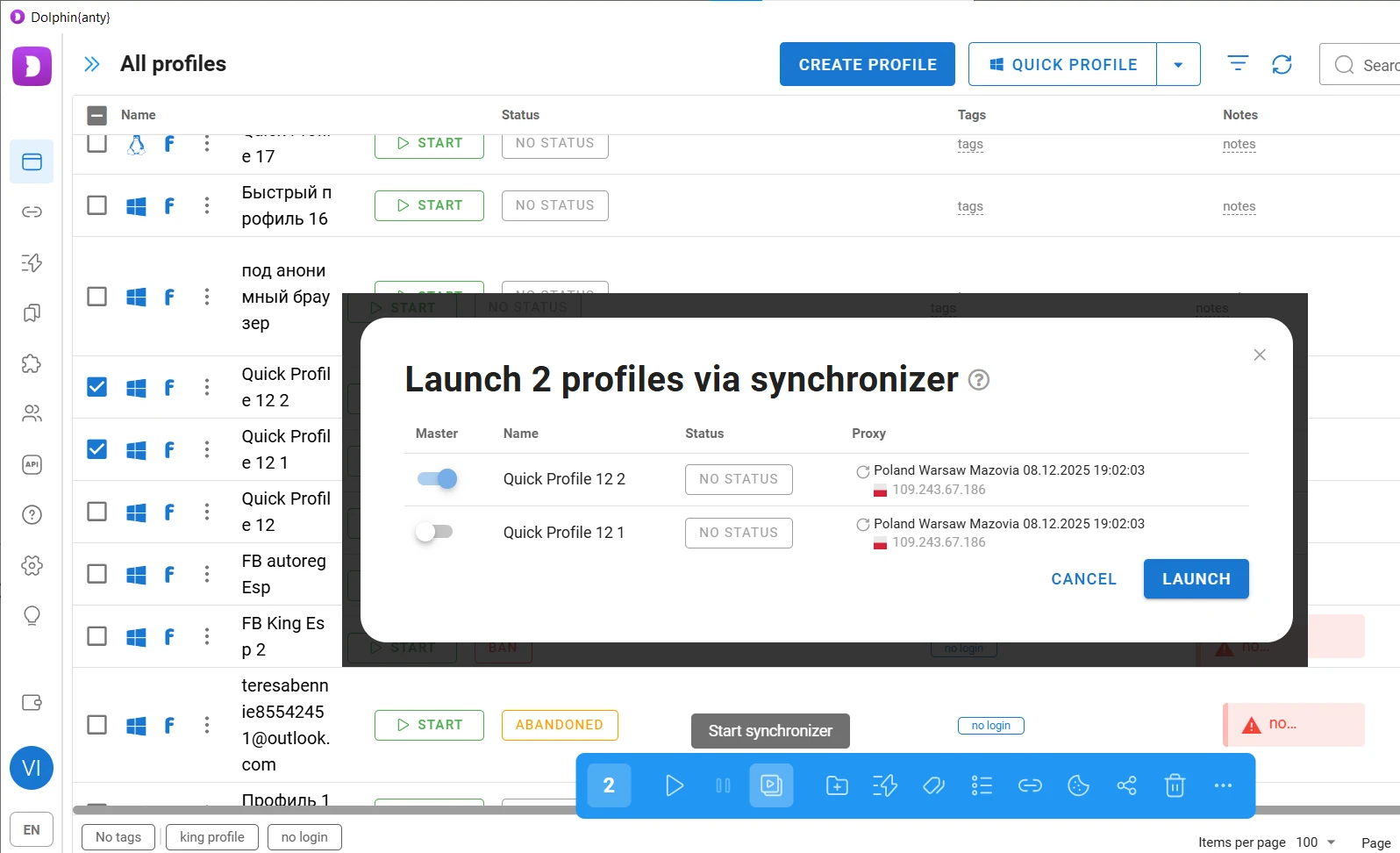 Launching profiles via Synchronizer in Dolphin Anty