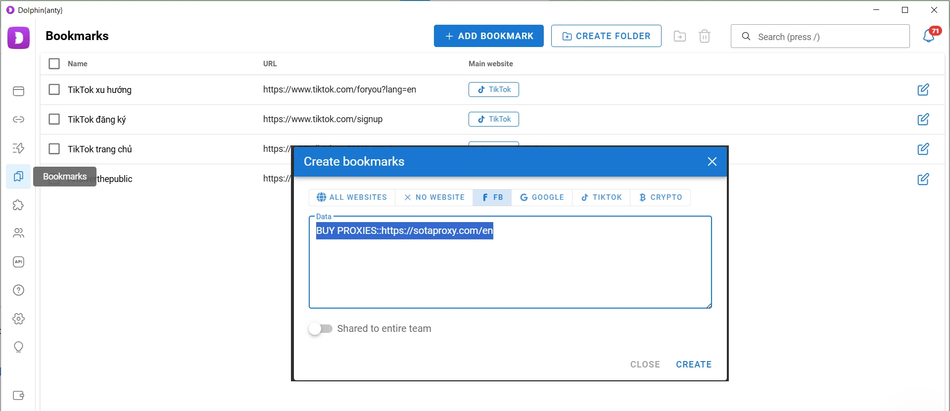 Adding a bookmark for a profile type in Dolphin Anty