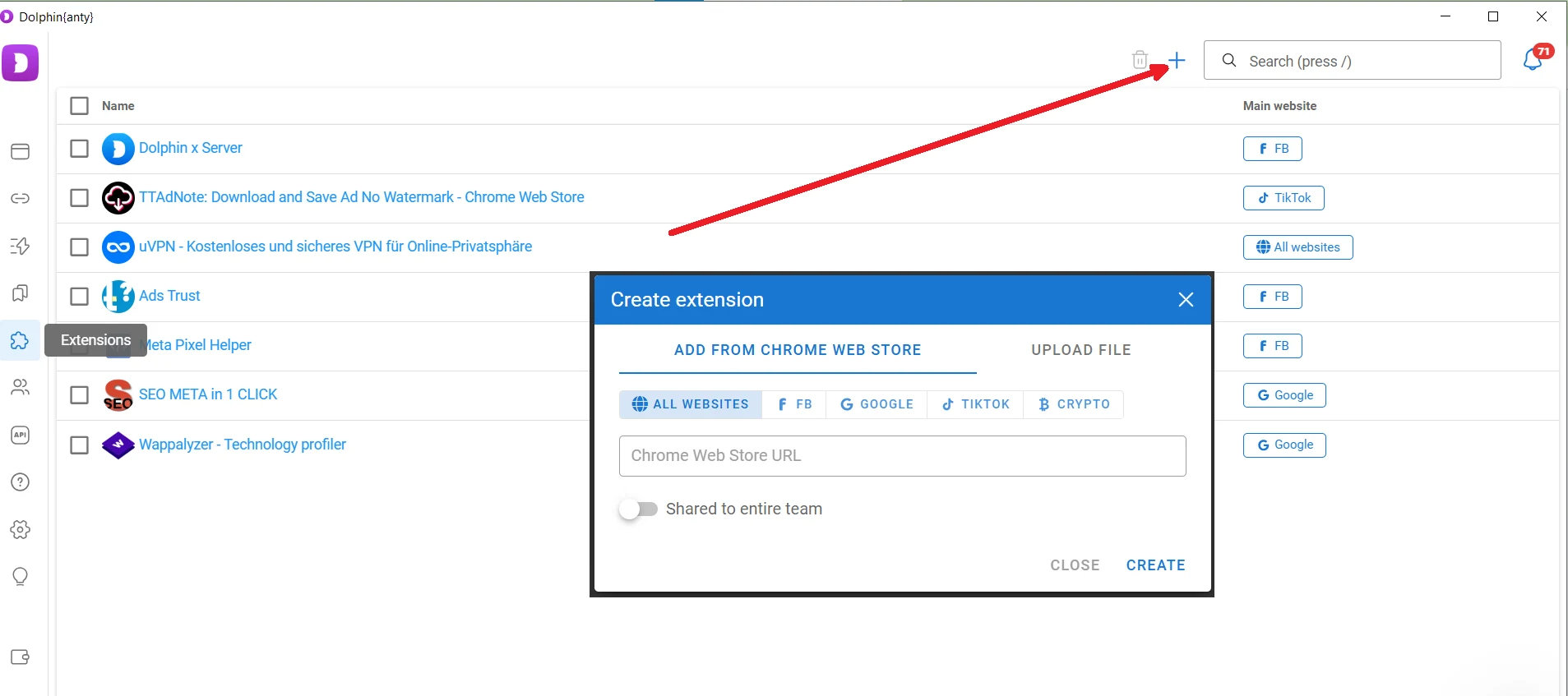 Adding a browser extension in Dolphin Anty