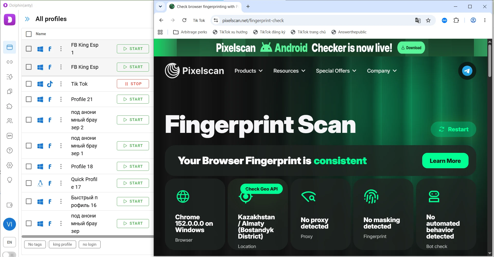 Pixelscan fingerprint check of a Dolphin Anty browser profile