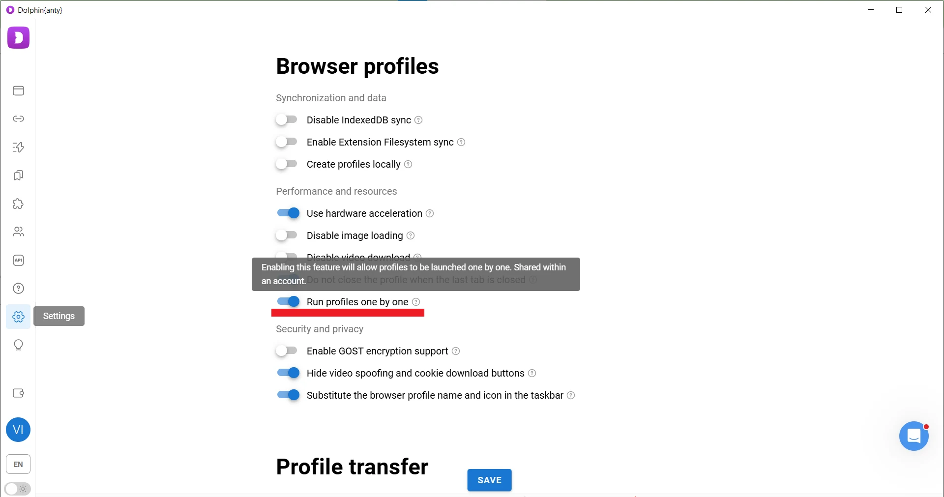 Run profiles one by one setting in Dolphin Anty