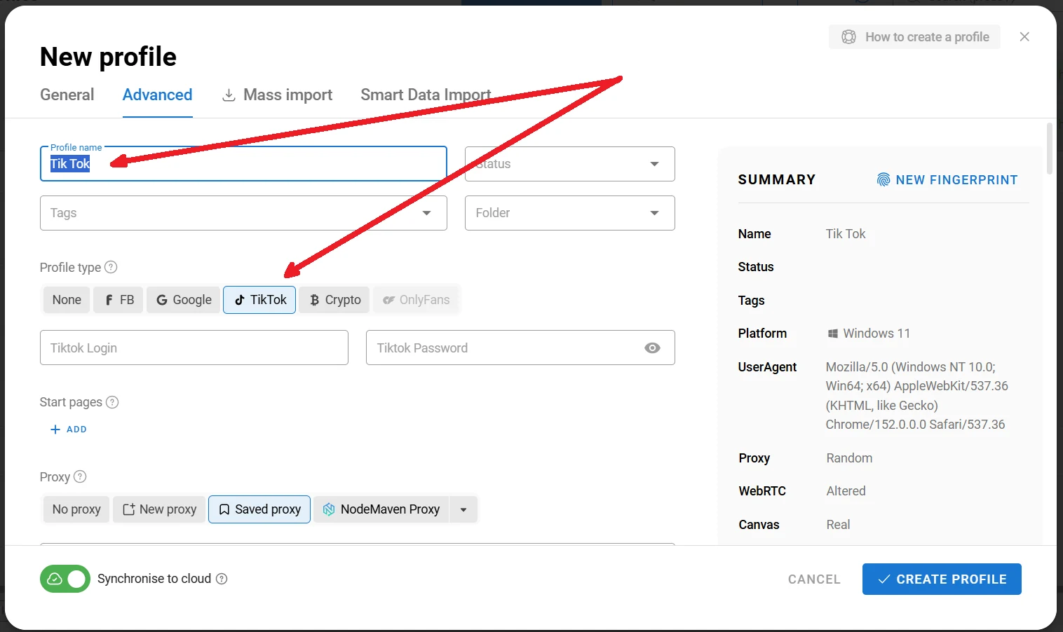 Creating a TikTok browser profile in Dolphin Anty