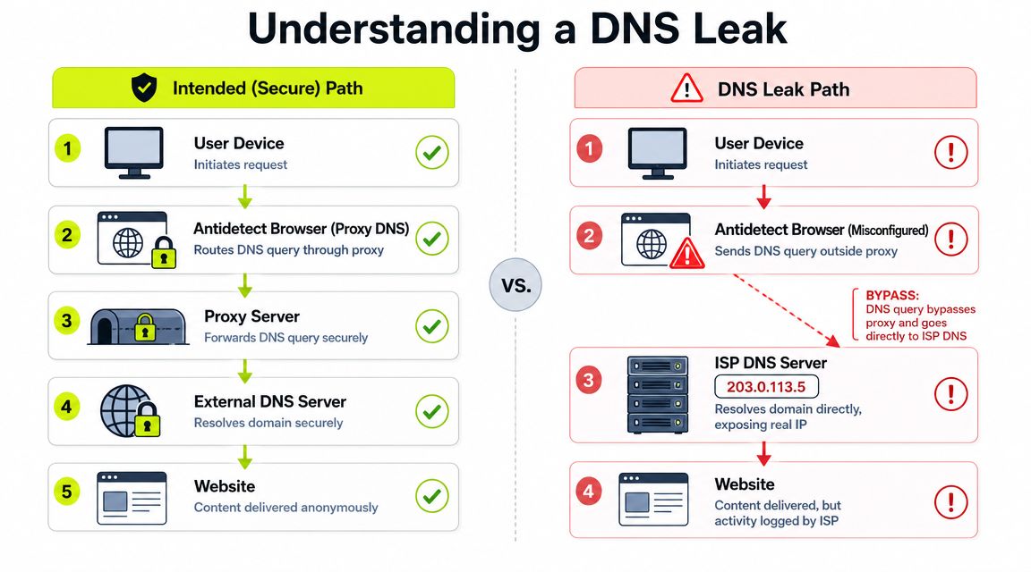 Діаграма, що порівнює безпечний DNS-шлях через проксі з шляхом витоку DNS через провайдера.