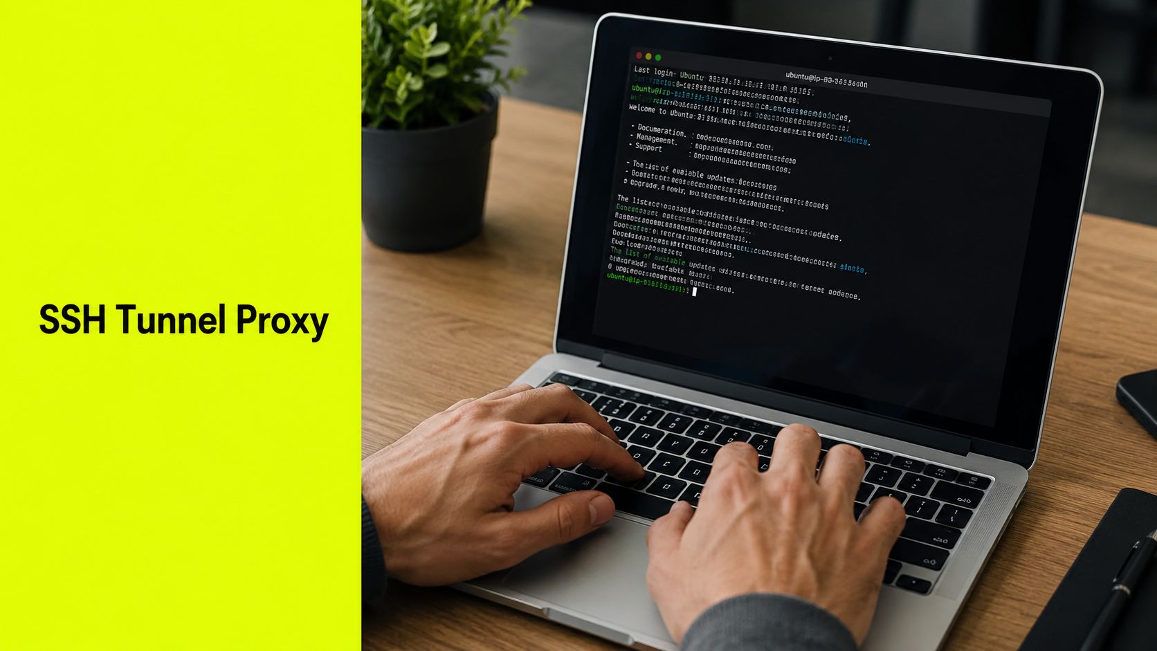 Una persona escribiendo en una laptop mostrando una interfaz de línea de comandos que representa un proxy de túnel SSH seguro.