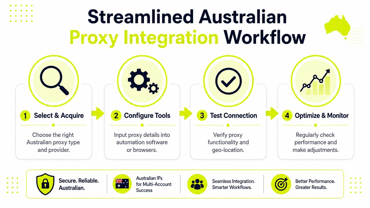 A four-step infographic illustrating the streamlined process of integrating Australian proxy servers for improved digital workflow efficiency.