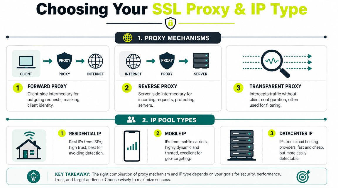 An infographic detailing different types of SSL proxy mechanisms and IP pools for network security.