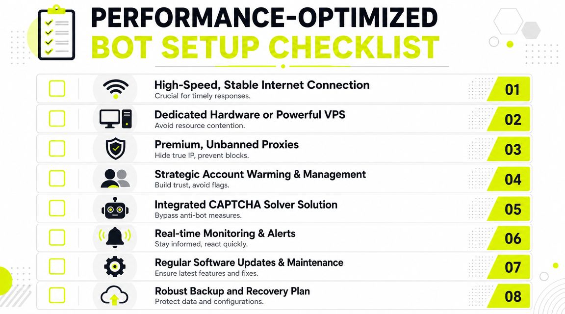 An infographic titled Performance-Optimized Bot Setup Checklist listing eight essential steps for maintaining high-performance automation bots.