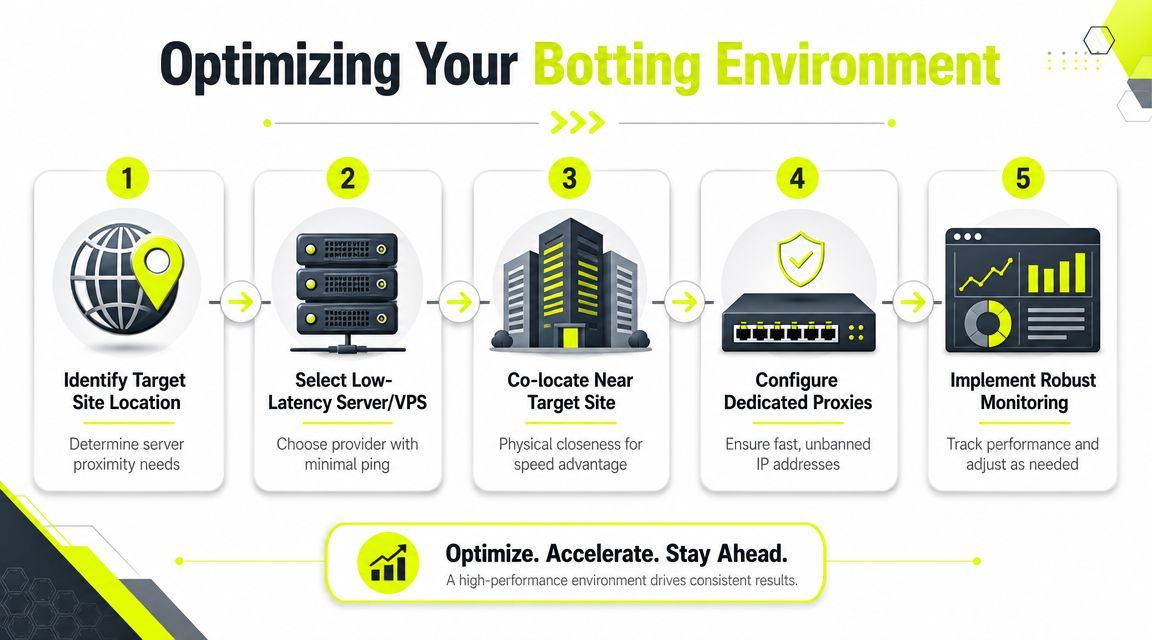 A flowchart outlining five essential steps for optimizing a botting environment for maximum speed and performance.