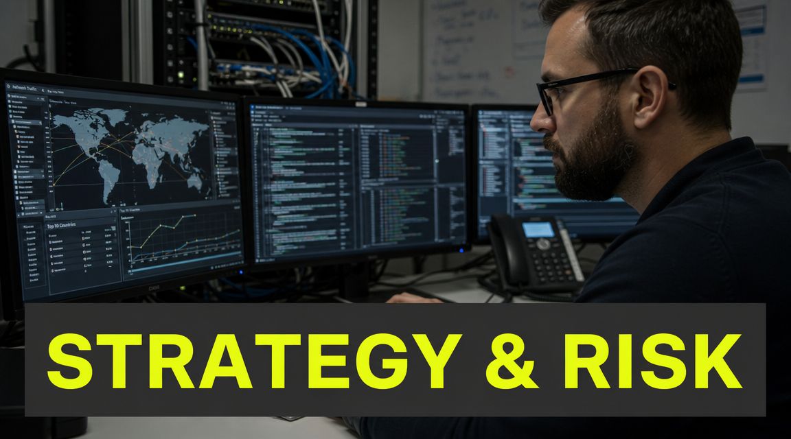 A cybersecurity professional analyzing network data, security metrics, and global traffic maps on multiple monitors.