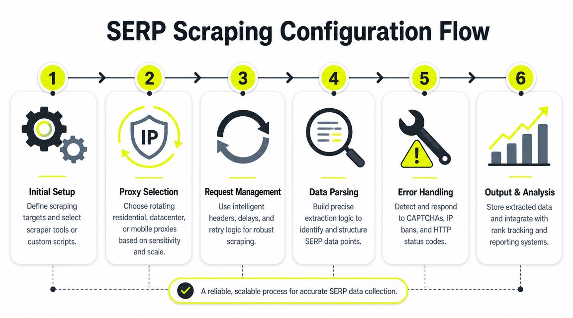A six-step infographic detailing the workflow for configuring search engine results page (SERP) scraping processes efficiently.