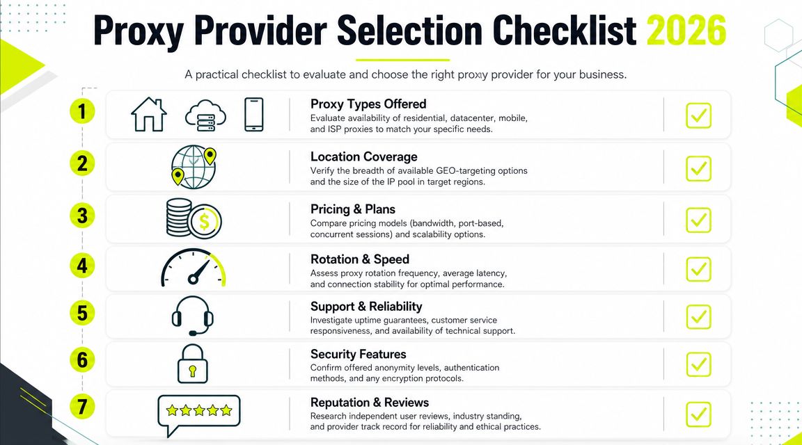 A checklist for selecting the best proxy provider, highlighting seven key criteria for business decision making.