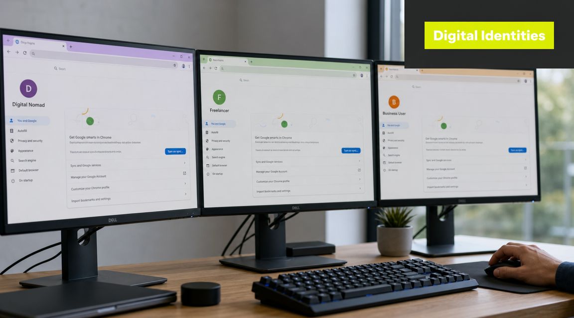 Three computer monitors displaying different Google Chrome user profiles arranged on a modern office desk setup.
