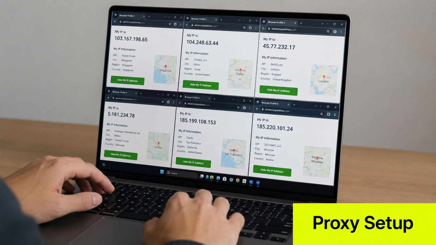 Una persona usando una laptop con seis perfiles de navegador mostrando diferentes direcciones IP y ubicaciones en todo el mundo.