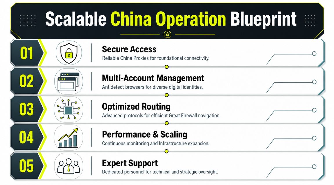 Un diagrama que describe una estrategia de operación escalable en China de cinco pasos que incluye acceso seguro, enrutamiento y soluciones de gestión.