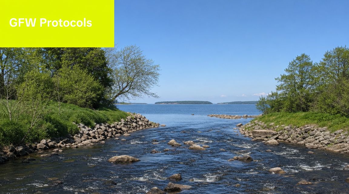 Vista panorámica de un arroyo caudaloso fluyendo hacia un gran lago tranquilo bajo un cielo despejado.
