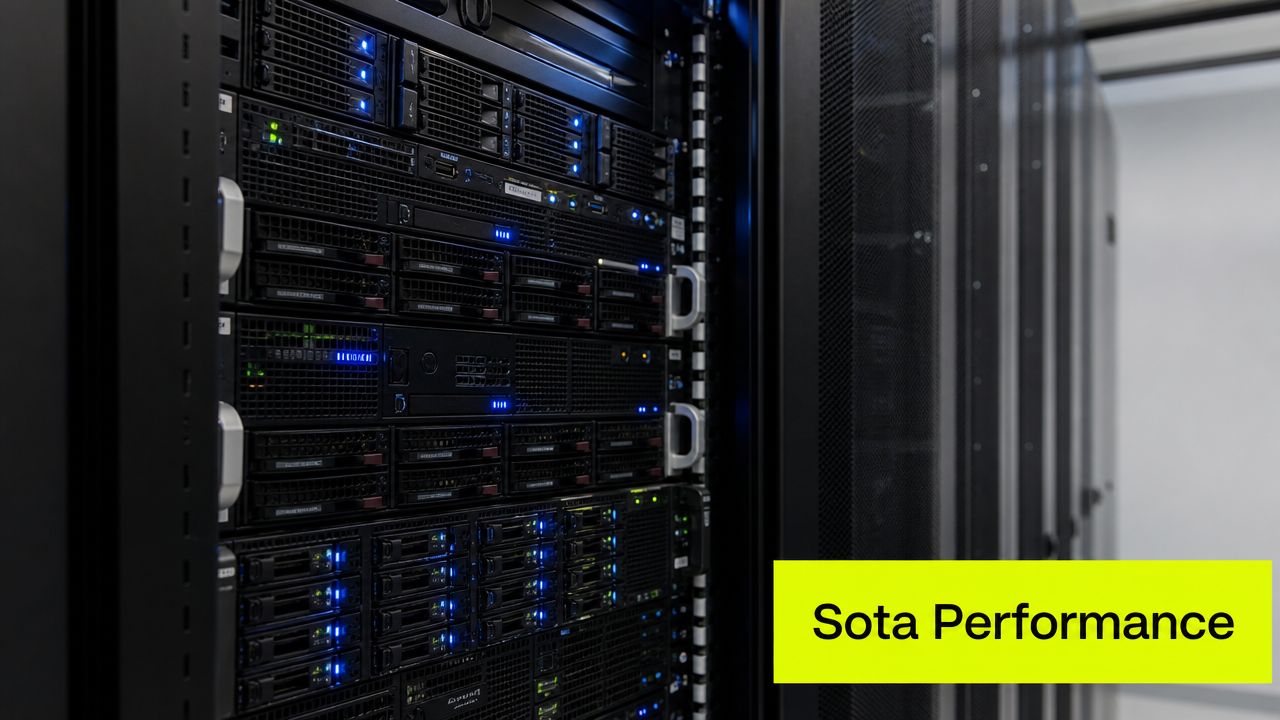 Vista de cerca de múltiples racks de servidores en un centro de datos de alta tecnología con luces de estado azules.