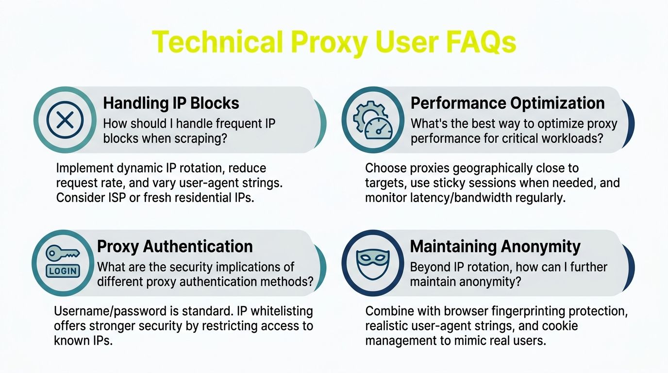 Una infografía titulada FAQs de Usuarios Técnicos de Proxies que describe soluciones para bloqueos de IP, optimización de rendimiento, autenticación y mantenimiento del anonimato.