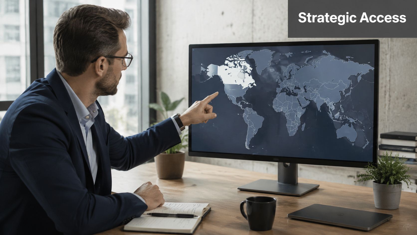 A professional man pointing at a digital world map showing Canada highlighted on his computer monitor.