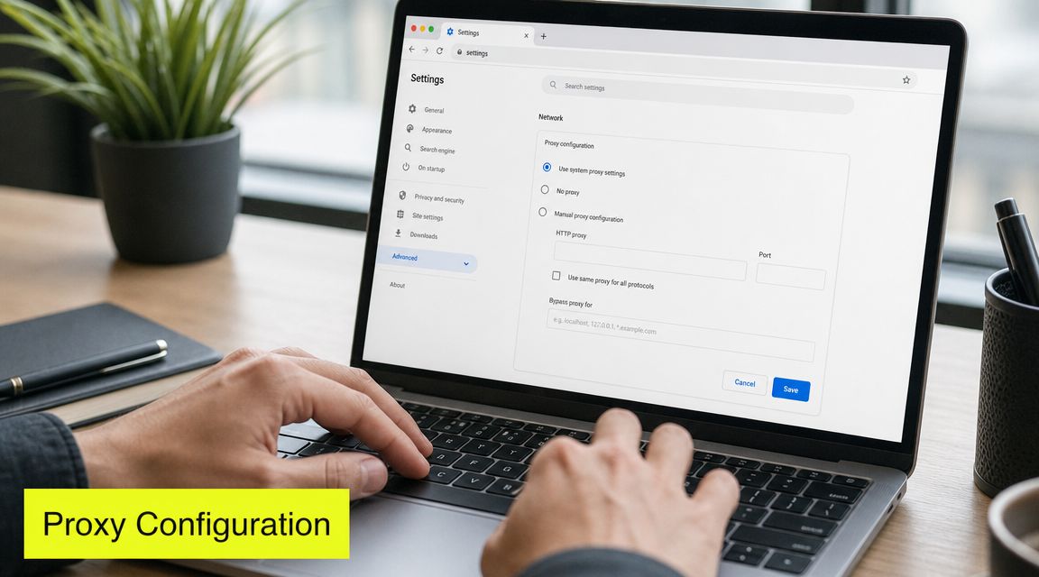 A person configuring network proxy settings on their laptop screen inside a browser settings menu.