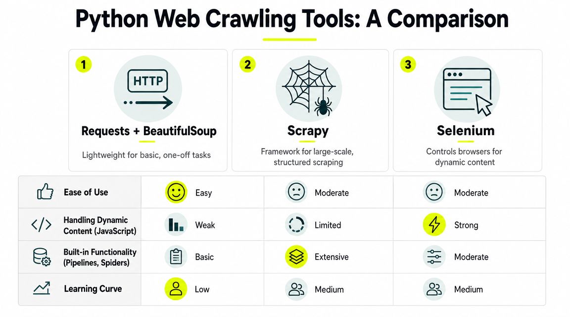 A comparison chart of Python web crawling tools including Requests, BeautifulSoup, Scrapy, and Selenium.