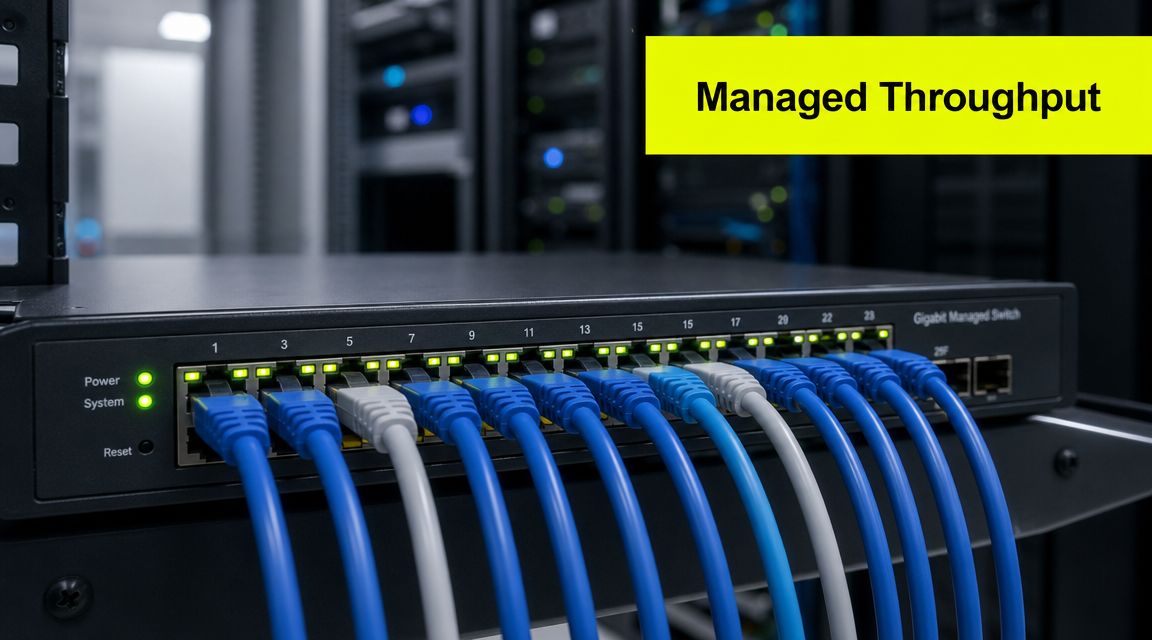 A rack-mounted network switch with multiple ethernet cables connected, highlighting managed throughput in a server room.
