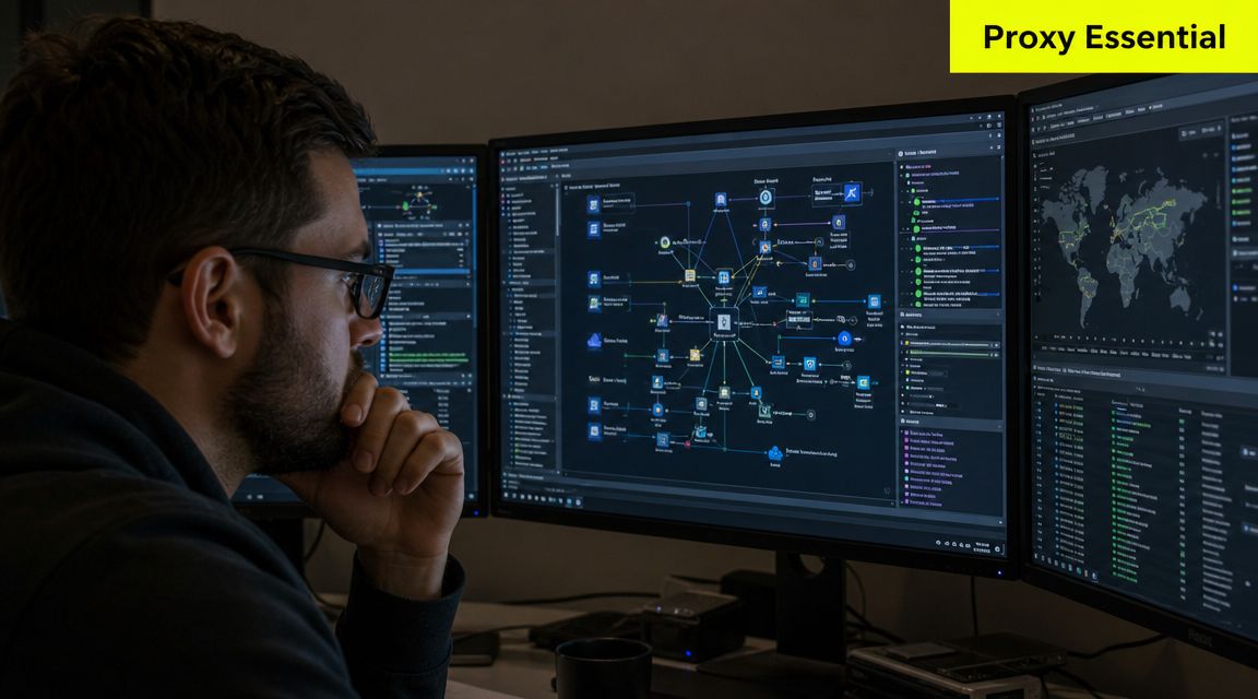 A professional developer analyzing network traffic data on multiple computer monitors in a dark office setting.