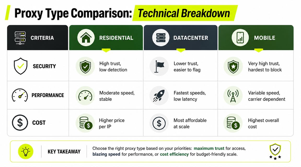 A comparison chart showing the technical differences between residential, datacenter, and mobile proxy types regarding security, performance, and cost.