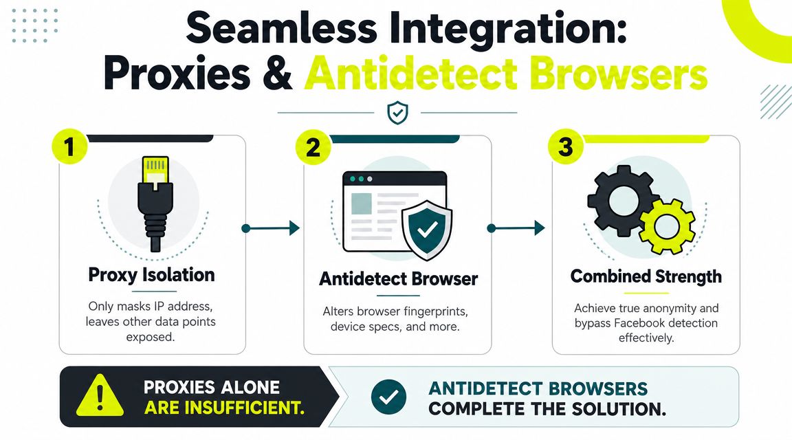 A diagram explaining how combining proxies with antidetect browsers ensures online anonymity and bypasses social media detection.