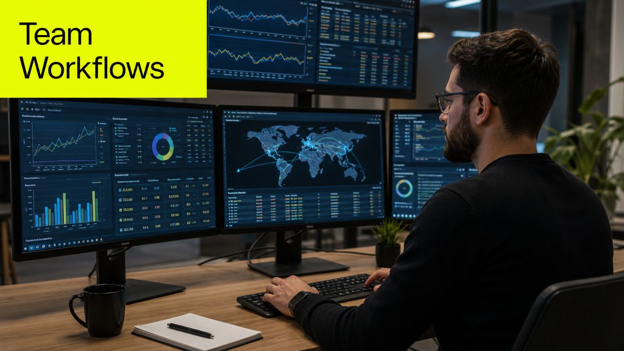 A professional developer working at a desk with multiple monitors displaying complex global data analytics.