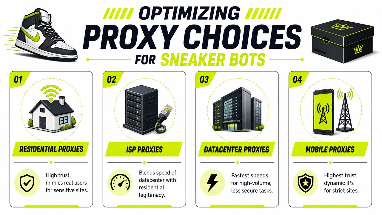 An infographic showing four types of proxies for sneaker bots including residential, ISP, datacenter, and mobile.