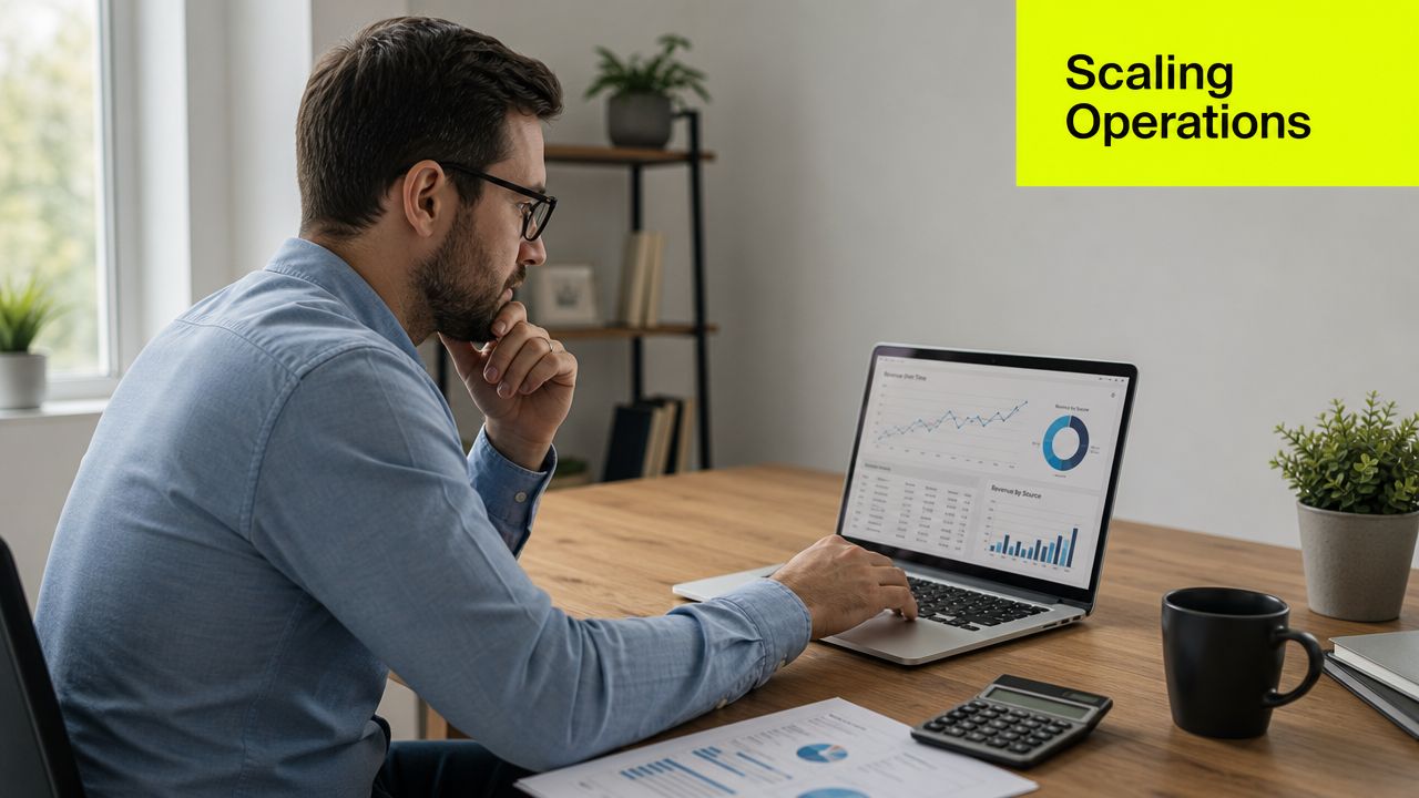A professional man with glasses analyzes business data charts and financial metrics on his laptop screen.