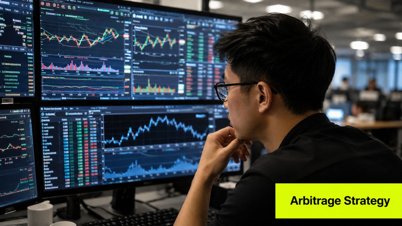 A professional trader analyzes complex real-time market data charts on multiple computer screens in an office setting.