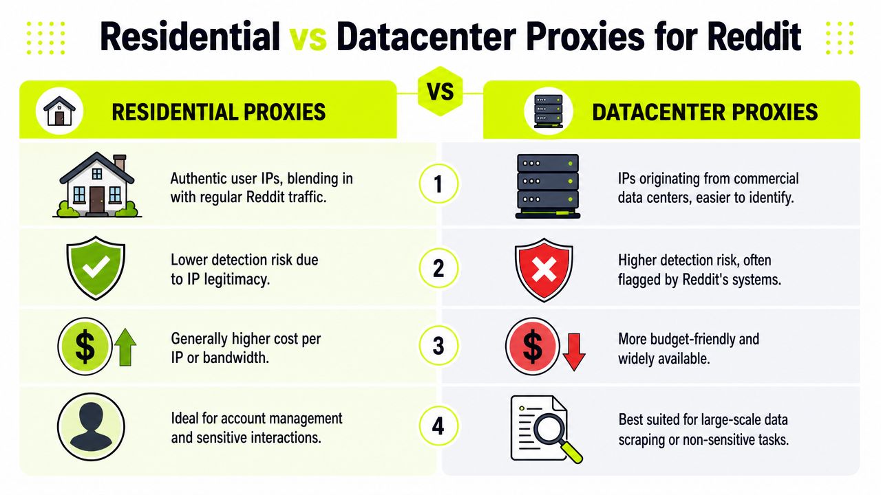 A comparison infographic between residential and datacenter proxies for managing Reddit accounts and data scraping tasks.
