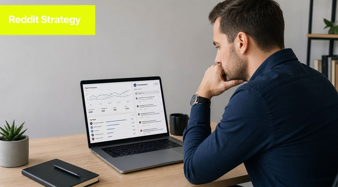 A man in a blue shirt viewing Reddit analytics on his laptop at a tidy wooden desk.