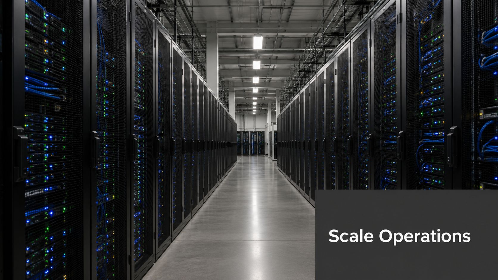 A long, illuminated aisle of a large, modern data center filled with rows of server racks.