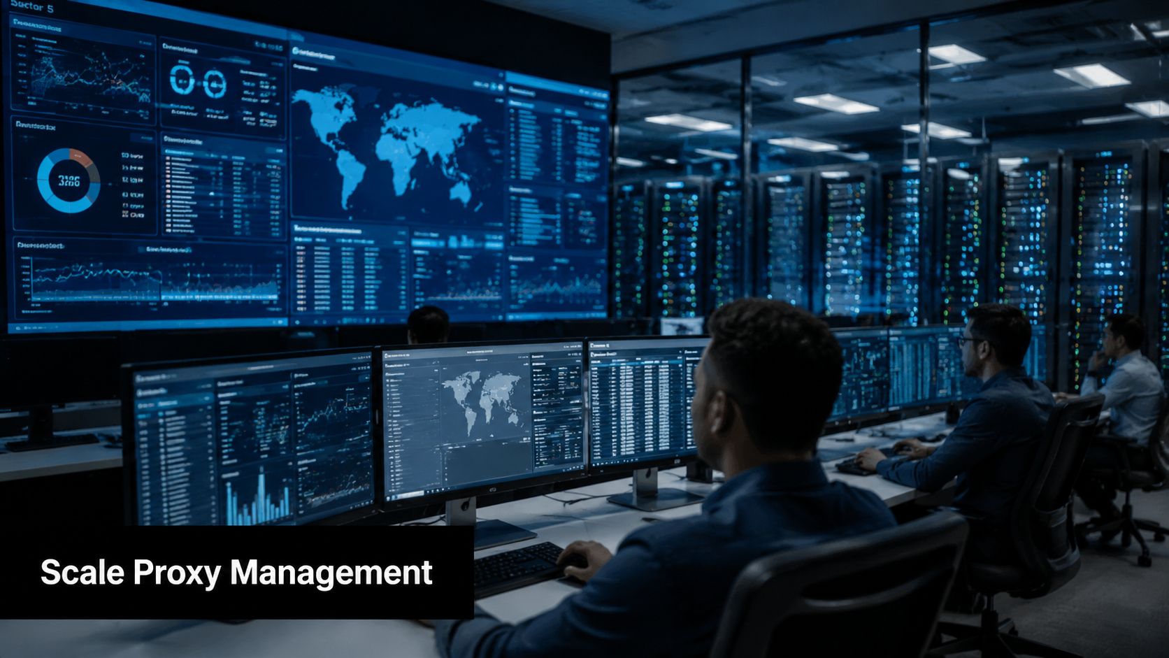 A professional IT team monitoring server networks and system data on large screen displays in a dark room.