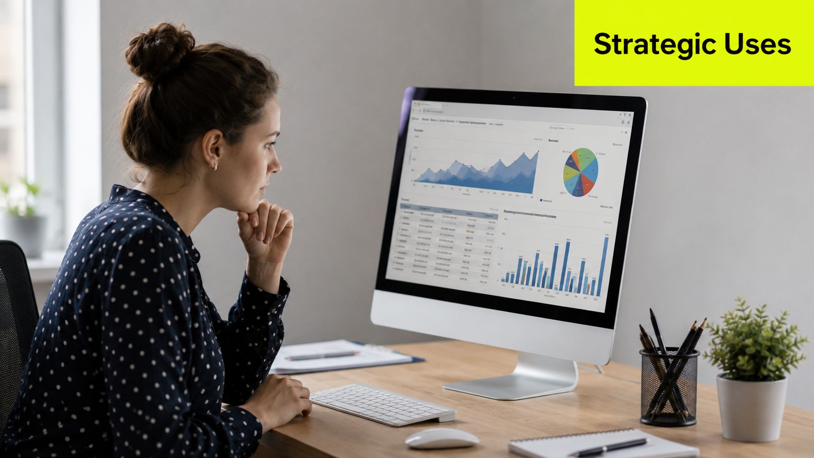 A woman in a polka dot shirt looks at business data charts on a computer screen.