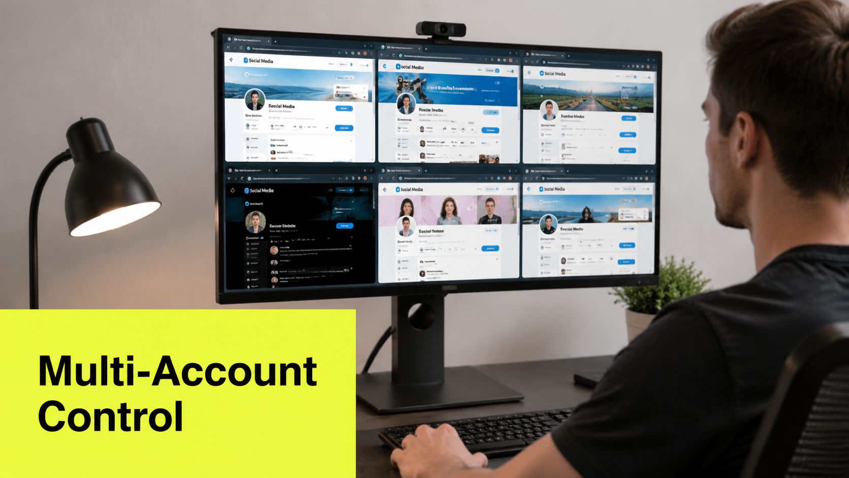 Un hombre usando un monitor de computadora mostrando múltiples dashboards de cuentas de redes sociales para la gestión de rotación de IP de proxy.