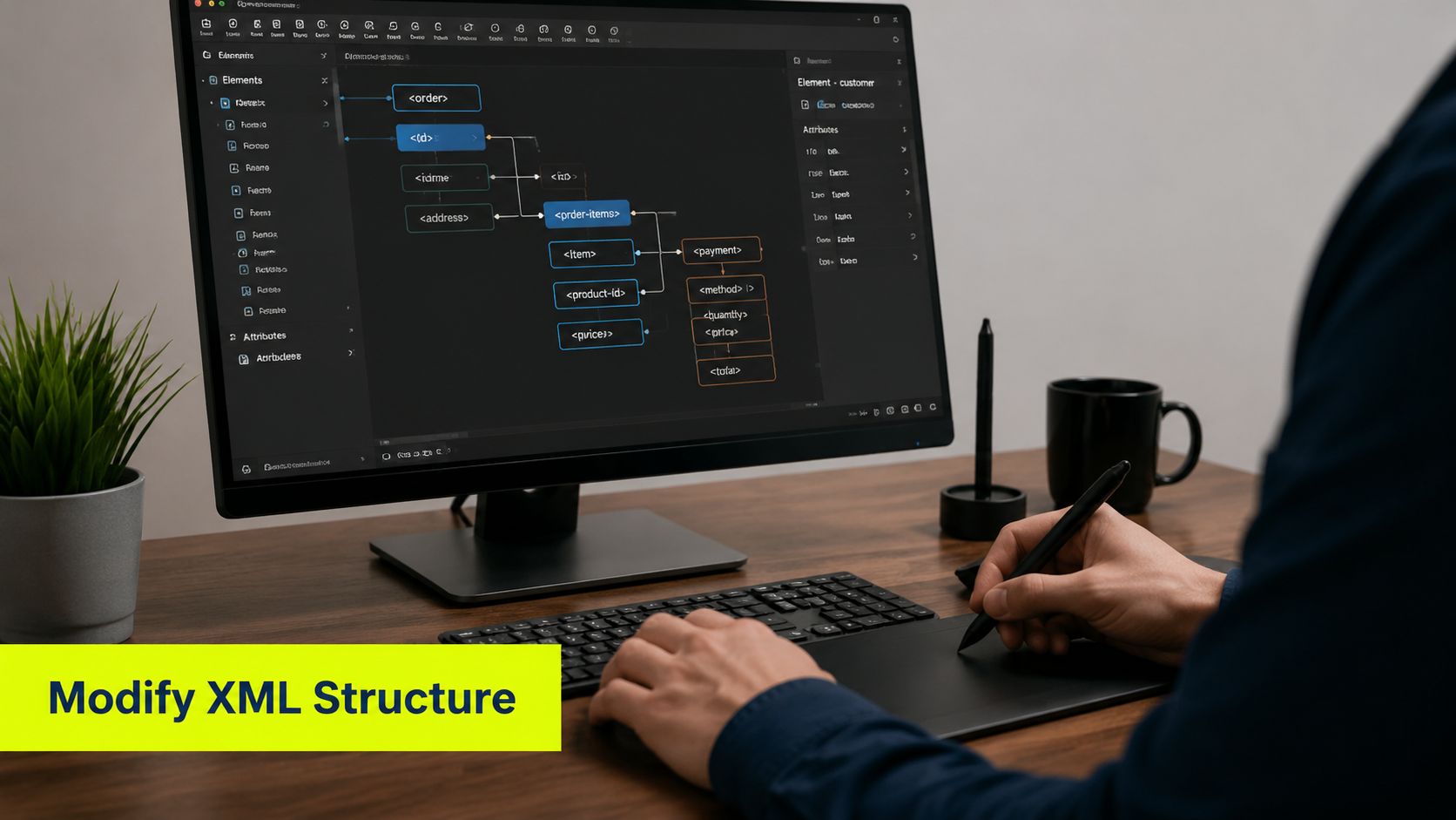 A professional developer uses a digital drawing tablet to edit and structure XML code on a monitor.