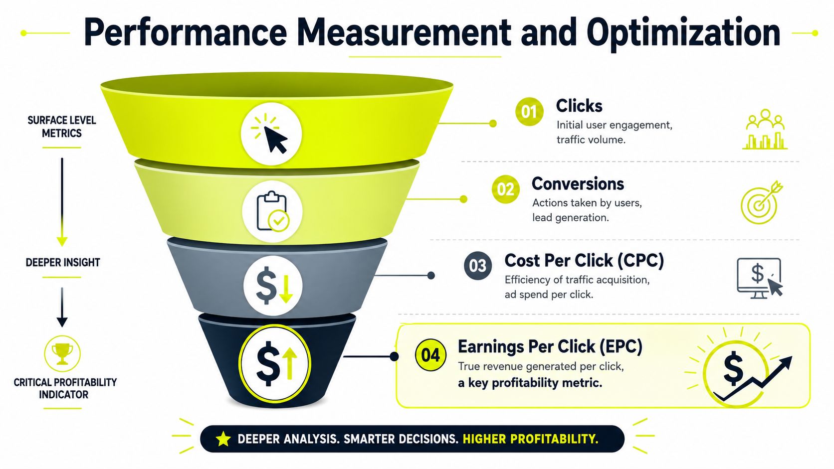 A funnel diagram illustrating performance metrics in marketing, ranging from clicks and conversions to cost and earnings.