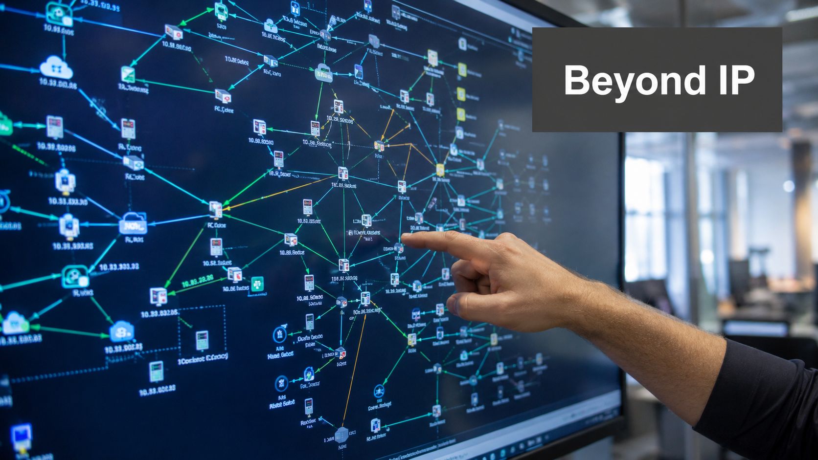 A person pointing at a complex network diagram on a large digital screen in an office.
