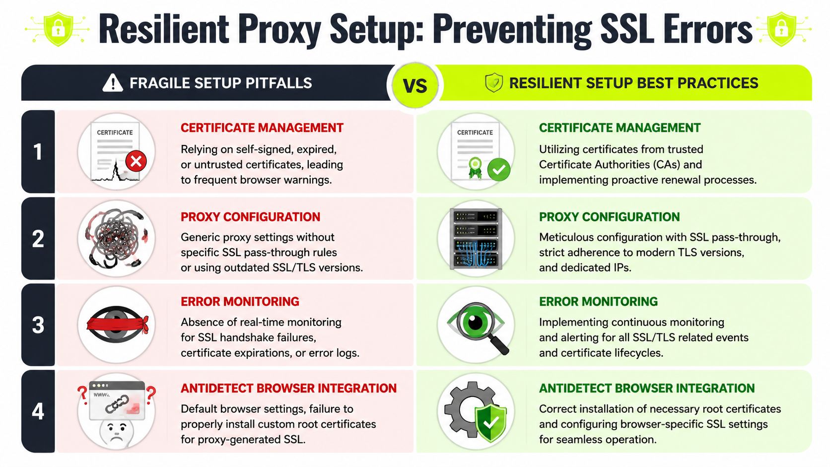 A comparison chart showing four common SSL configuration pitfalls versus resilient best practices for proxy setups.