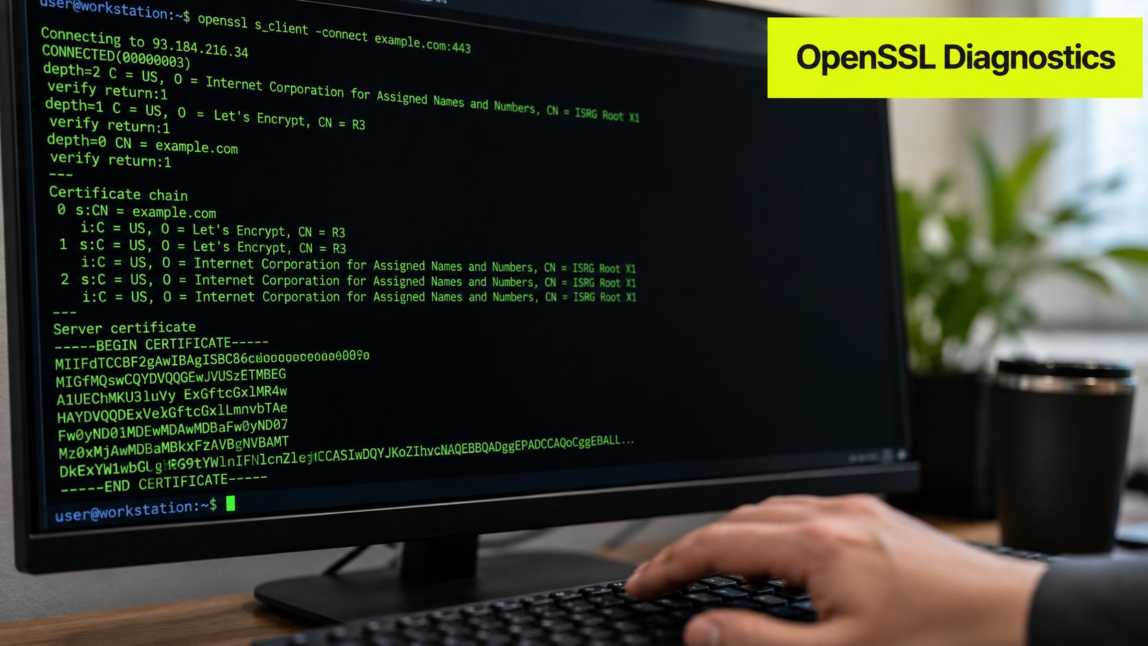 A computer screen showing OpenSSL diagnostic terminal output for an SSL certificate connection to example.com.